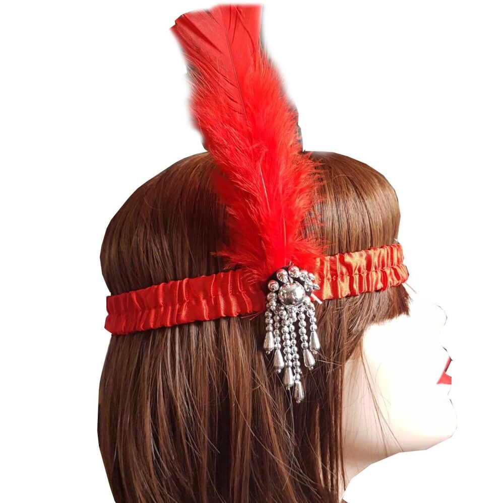 Red Feather Flapper Headband with Silver Brooch