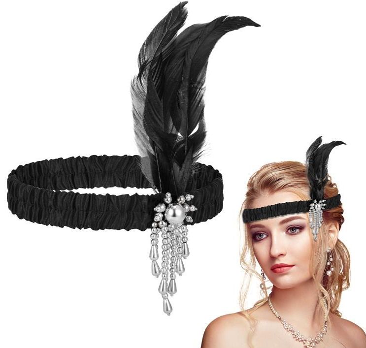 Black Feather Flapper Headband with Silver Brooch