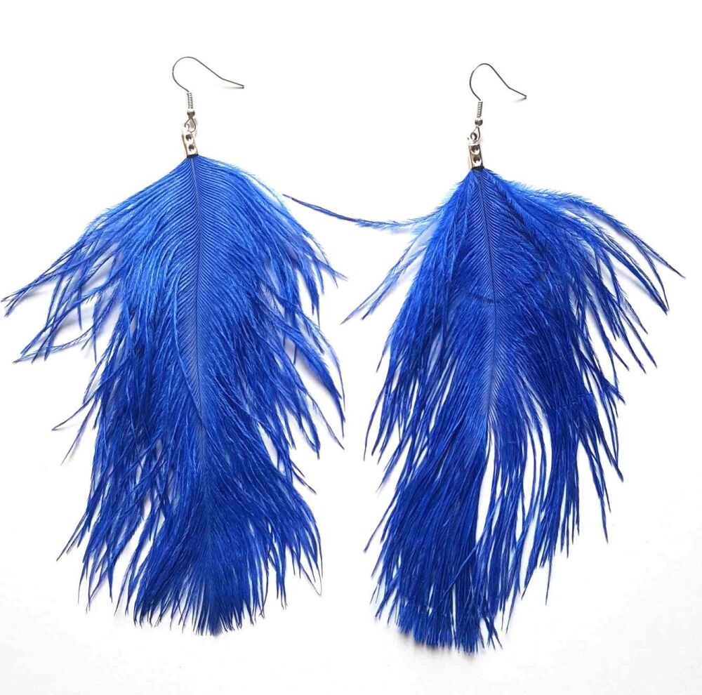 Royal Blue Ostrich Feather Earrings