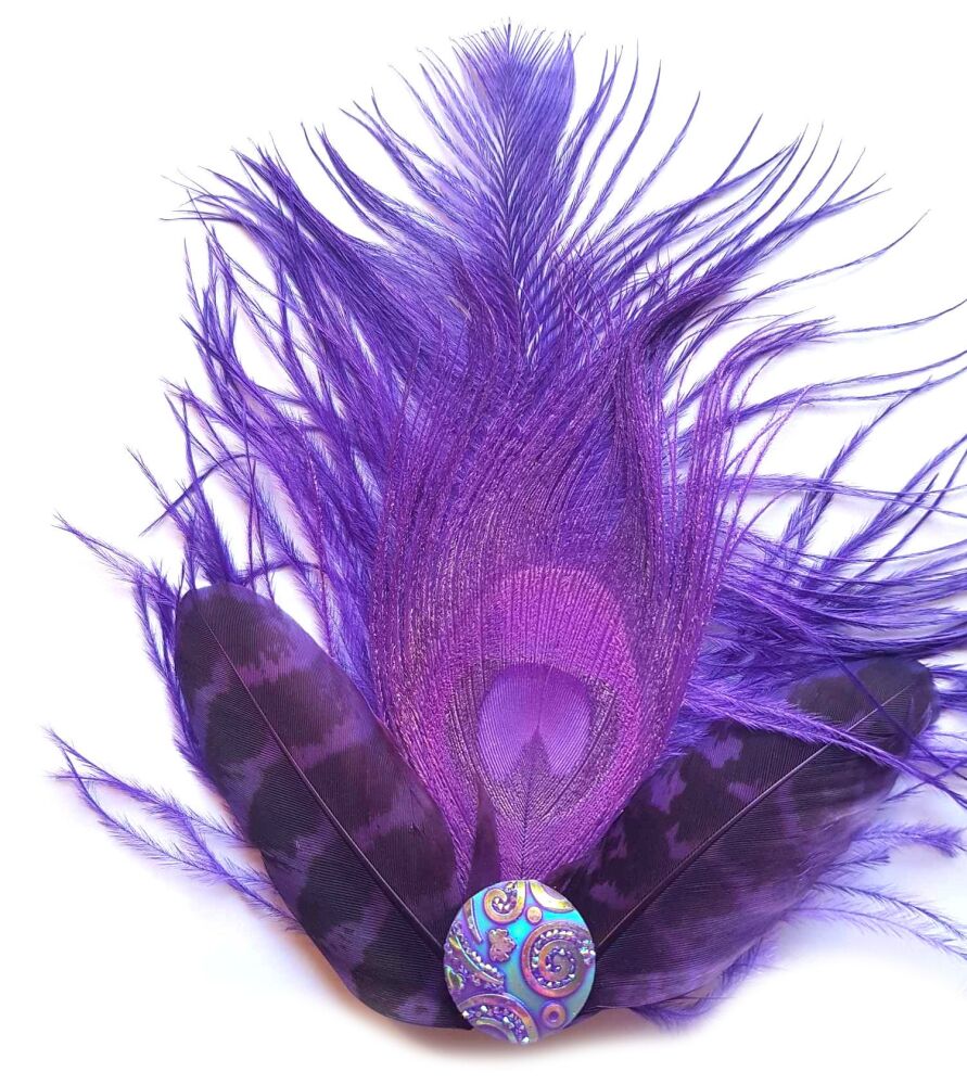 Purple Feather Hair Clip with Purple Peacock and Ostrich Feathers