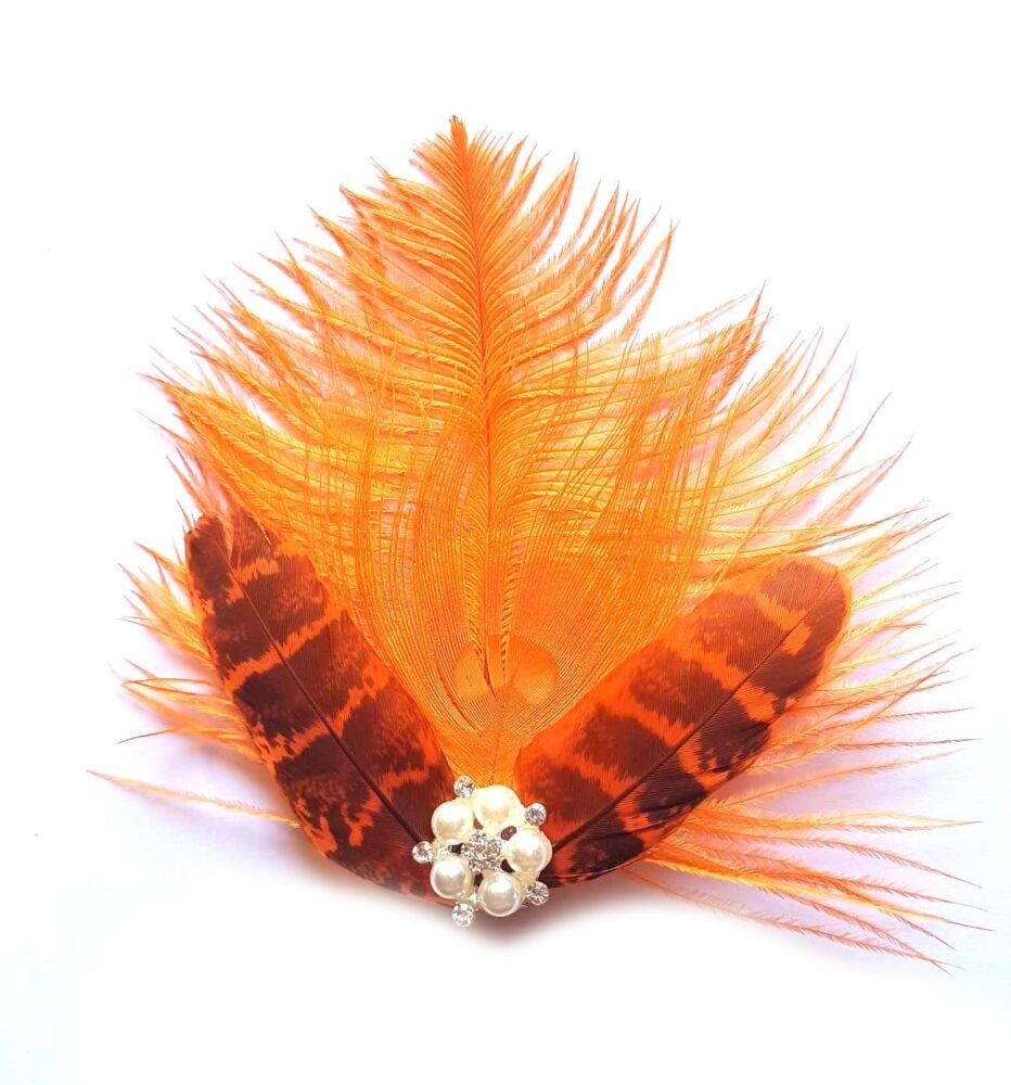 Orange Feather Hair Clip with Orange Peacock and Ostrich Feathers