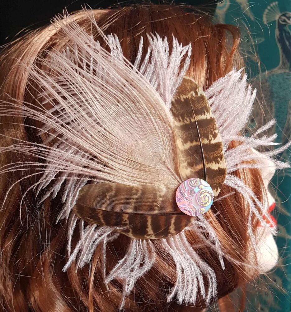 Dusky Pink Feather Hair Clip with Dusky Pink Peacock and Ostrich Feathers