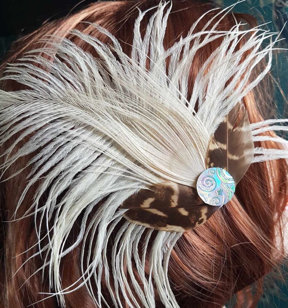 Cream Feather Hair Clip with Cream Peacock and Ostrich Feathers