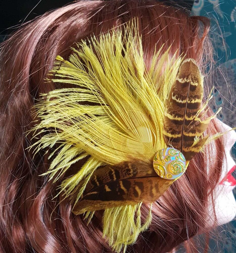 Yellow Feather Hair Clip with Yellow Peacock and Ostrich Feathers