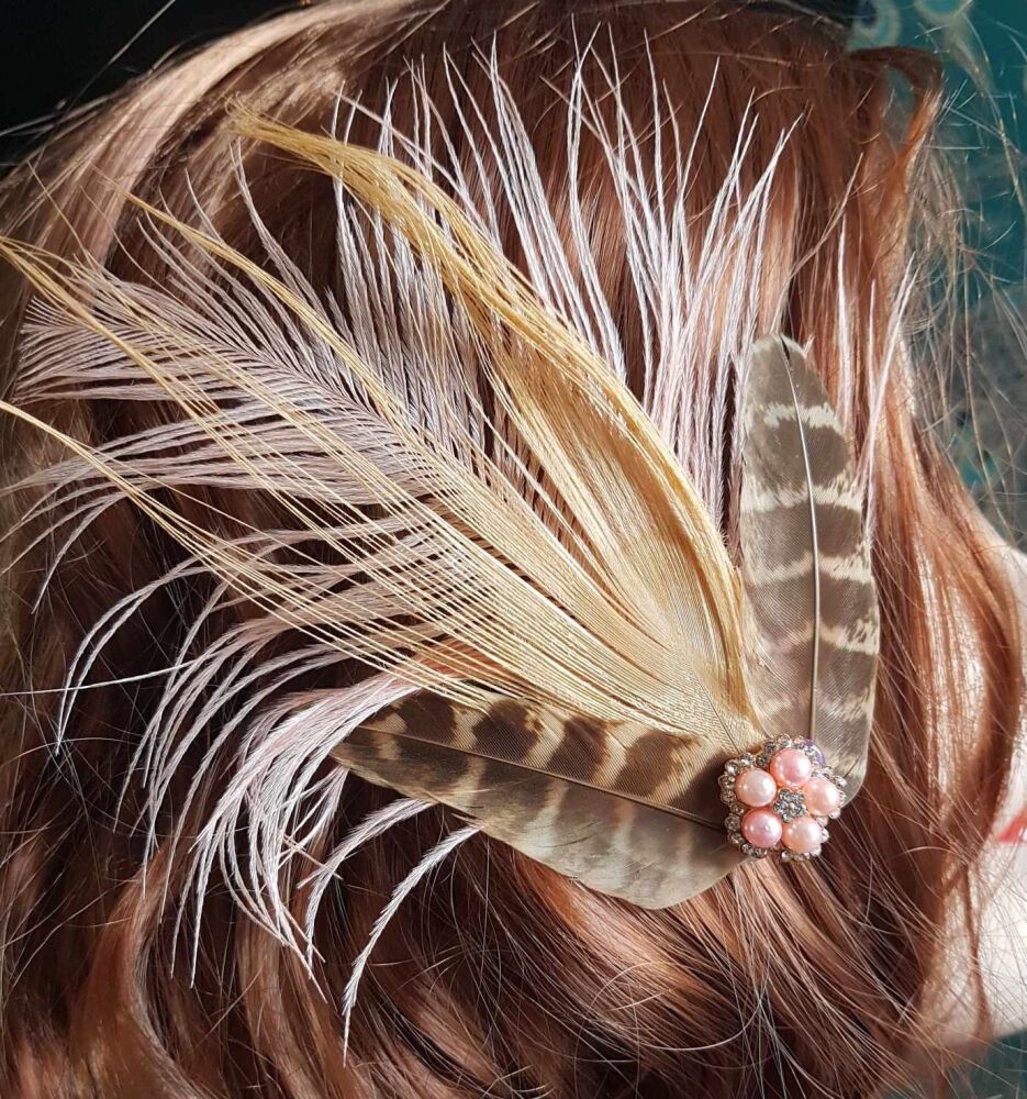 Peach Feather Hair Clip with Peach Peacock and Peachy Pink Ostrich Feathers