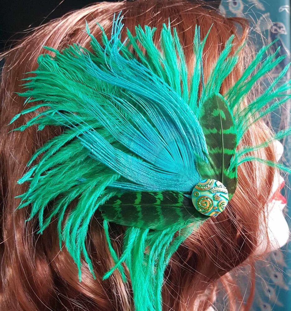 Green Feather Hair Clip with Jade Green Peacock and  Green Ostrich Feathers