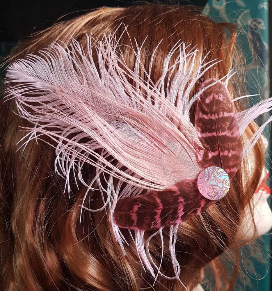 Pink Feather Hair Clip with Baby Pink Peacock and Ostrich Feathers