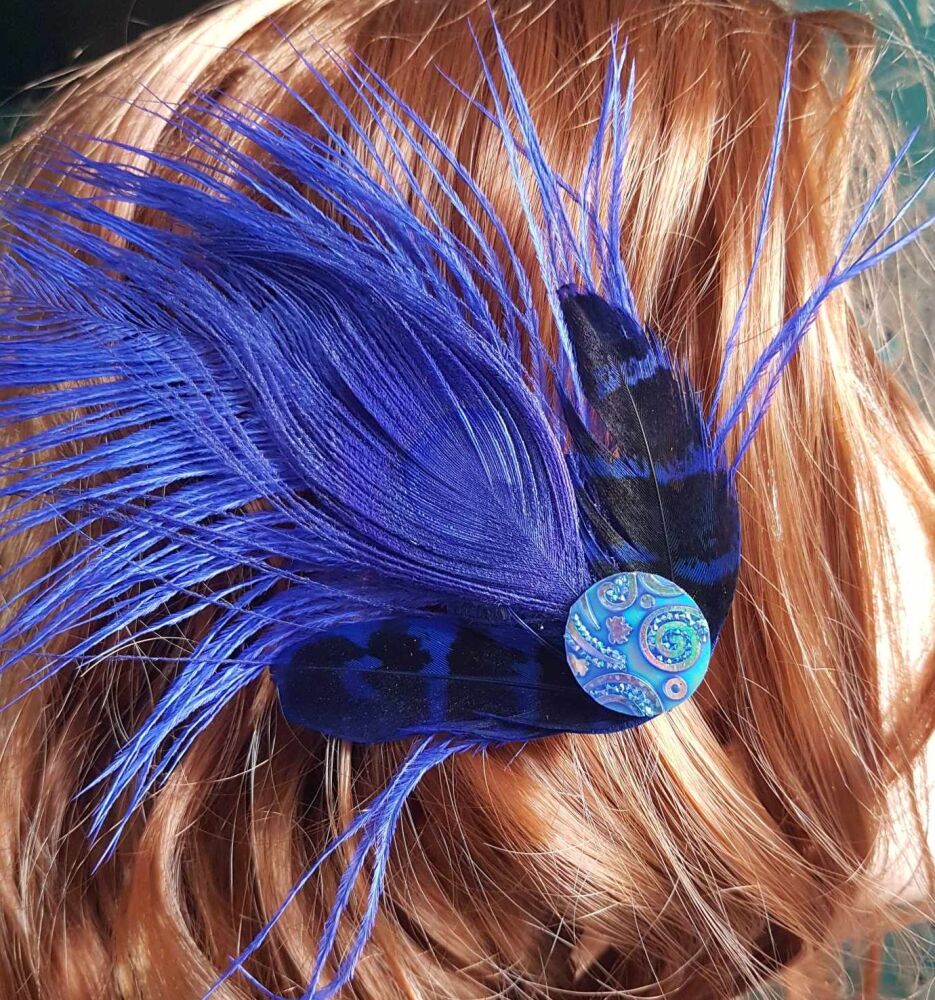 Royal Blue Feather Hair Clip with Royal Blue Peacock and Ostrich Feathers