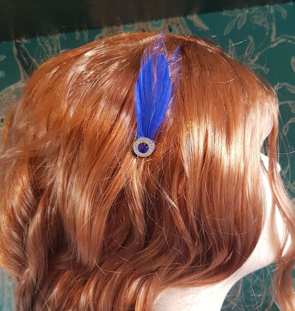Royal Blue Feather Hair Grip with Gem