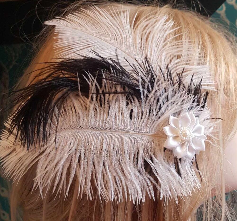 Black and White Ostrich Flapper Feather Headpiece Clip