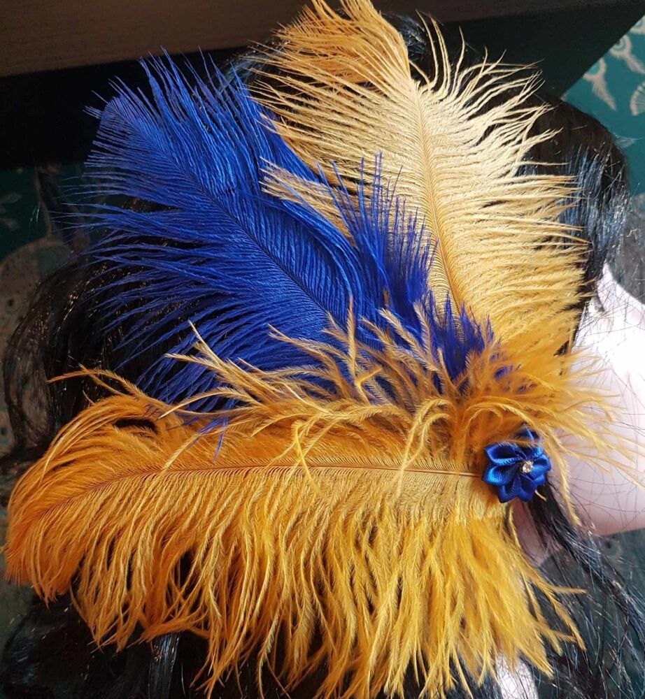 Gold and Blue Ostrich Flapper Feather Headpiece Clip