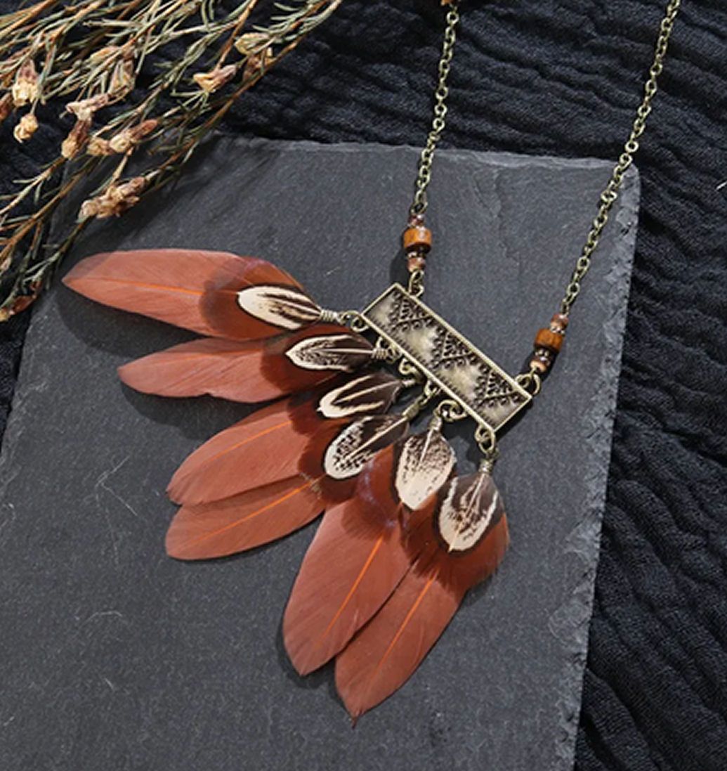 Antique Bronze Brown Multi Feather Necklace