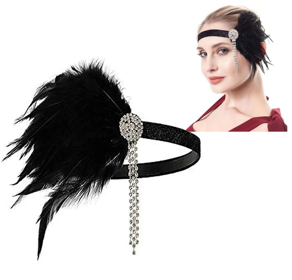 Flapper Black Feather Headband with Glitter Headband and Rhinestone Detail