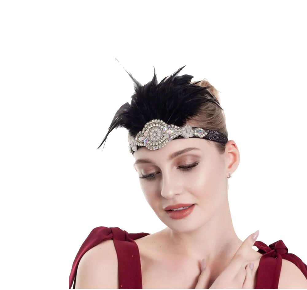 Black Feather Flapper Headband with Glitter Headband and Rhinestone Detail