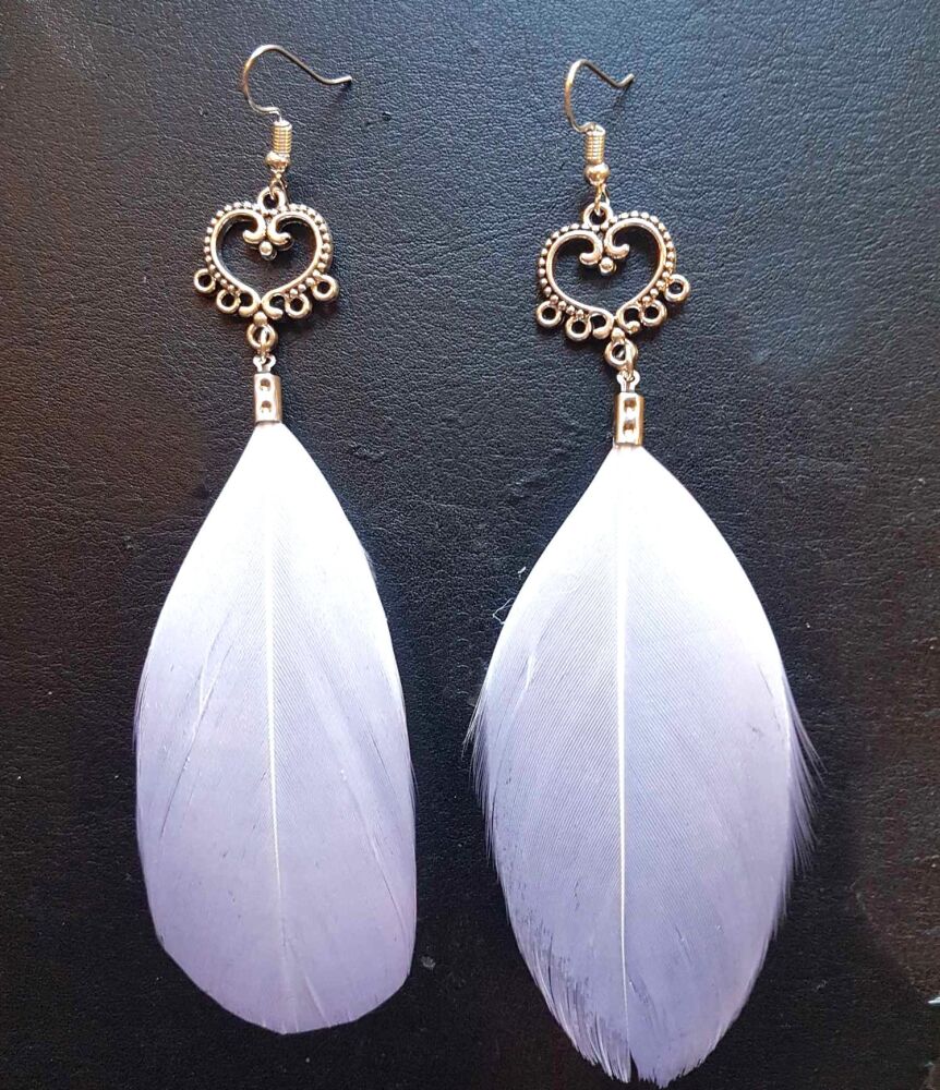 White Goose Feather Earrings with Silver Pendant