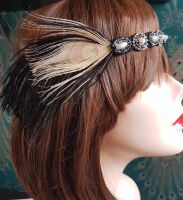 Black Feather Flapper Headband with Pearl and Rhinestones Plus Black and Ivory Feathers