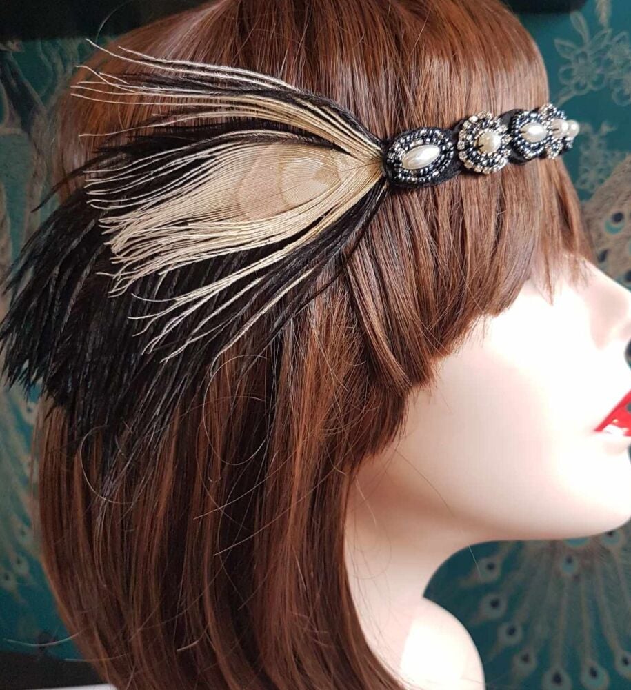Black Feather Flapper Headband with Pearl and Rhinestones Plus Black and Iv