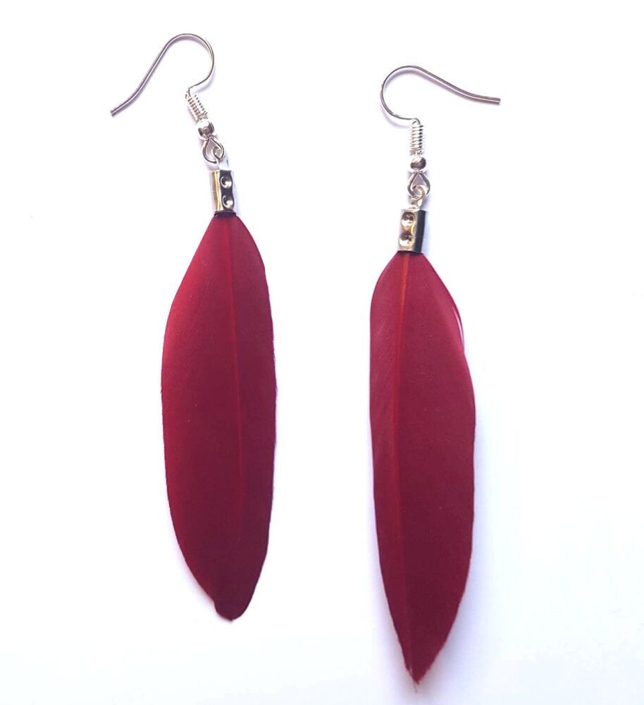 Dark Red and Silver Goose Feather Earrings
