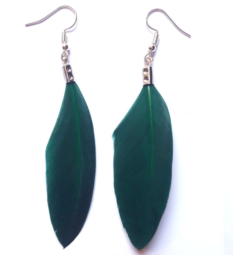 Dark Green and Silver Goose Feather Earrings