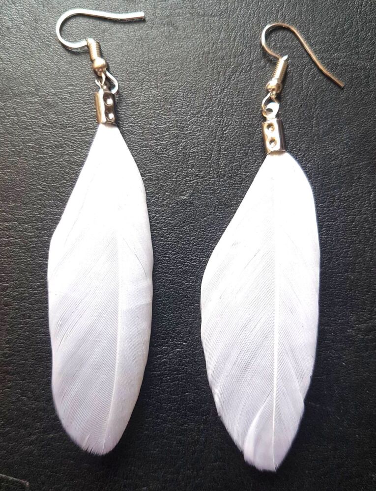 White and Silver Goose Feather Earrings
