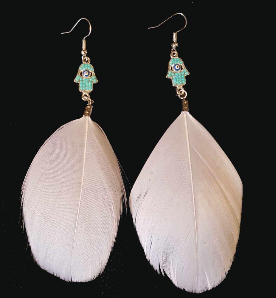 White Goose Feather Earrings with Hamsa Hand Silver Pendant