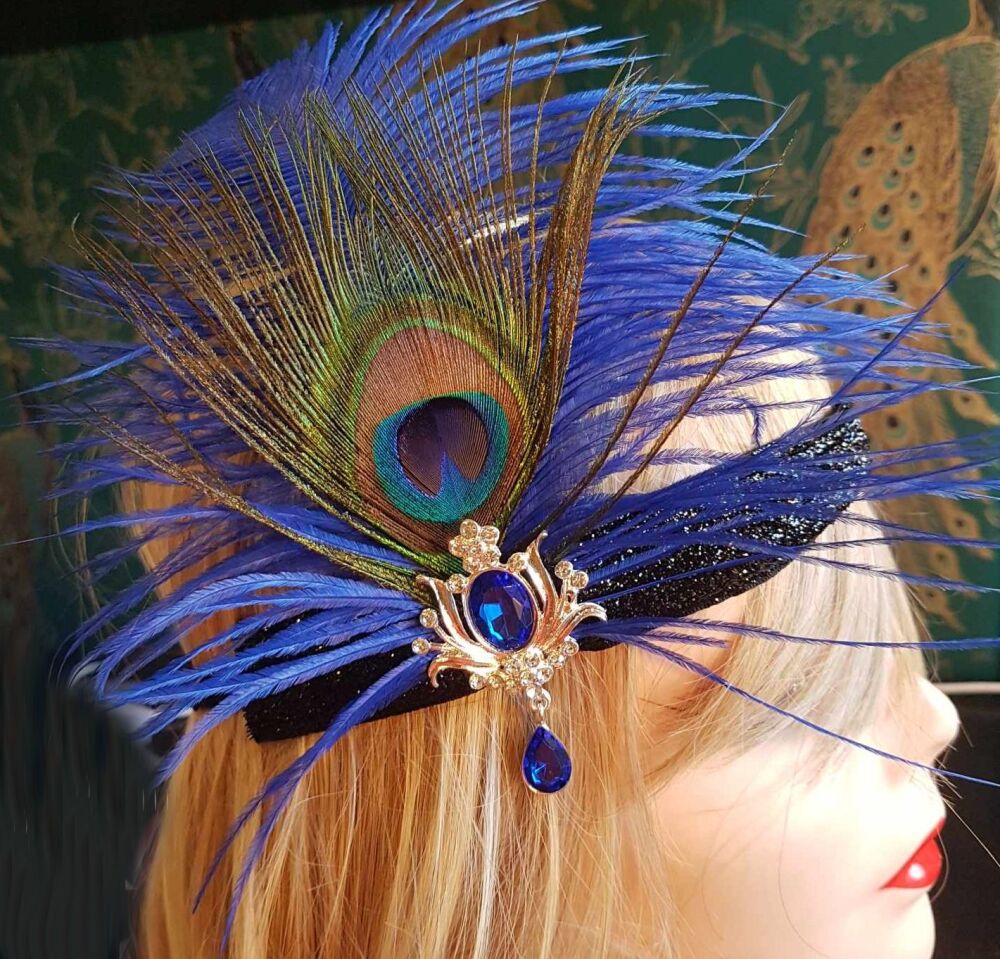 Royal Blue Ostrich and Peacock Feather Flapper Headband with Black Glitter Headband and Gem Brooch Detail