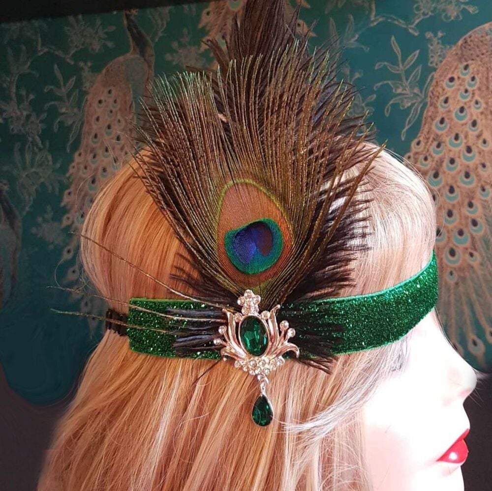 Black Ostrich and Peacock Feather Flapper Headband with Green Glitter Headband and Gem Brooch Detail