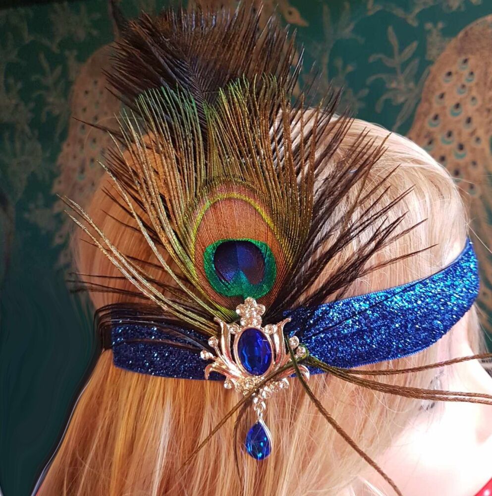 Black Ostrich and Peacock Feather Flapper Headband with Royal Blue Glitter Headband and Gem Brooch Detail