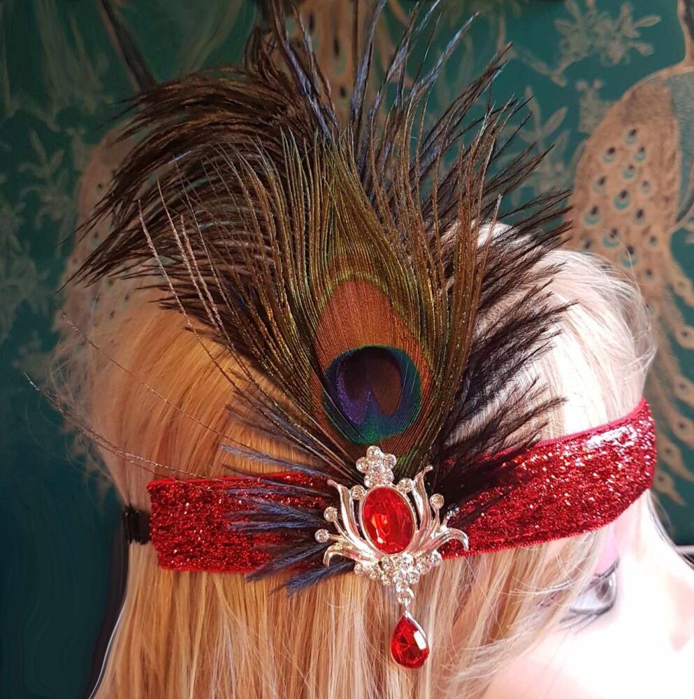 Black Ostrich and Peacock Feather Flapper Headband with Red Glitter Headband and Gem Brooch Detail