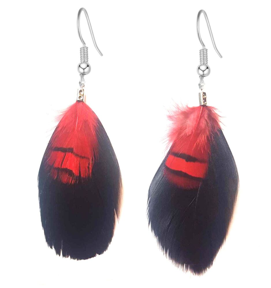 Black and Red Goose Feather Earrings