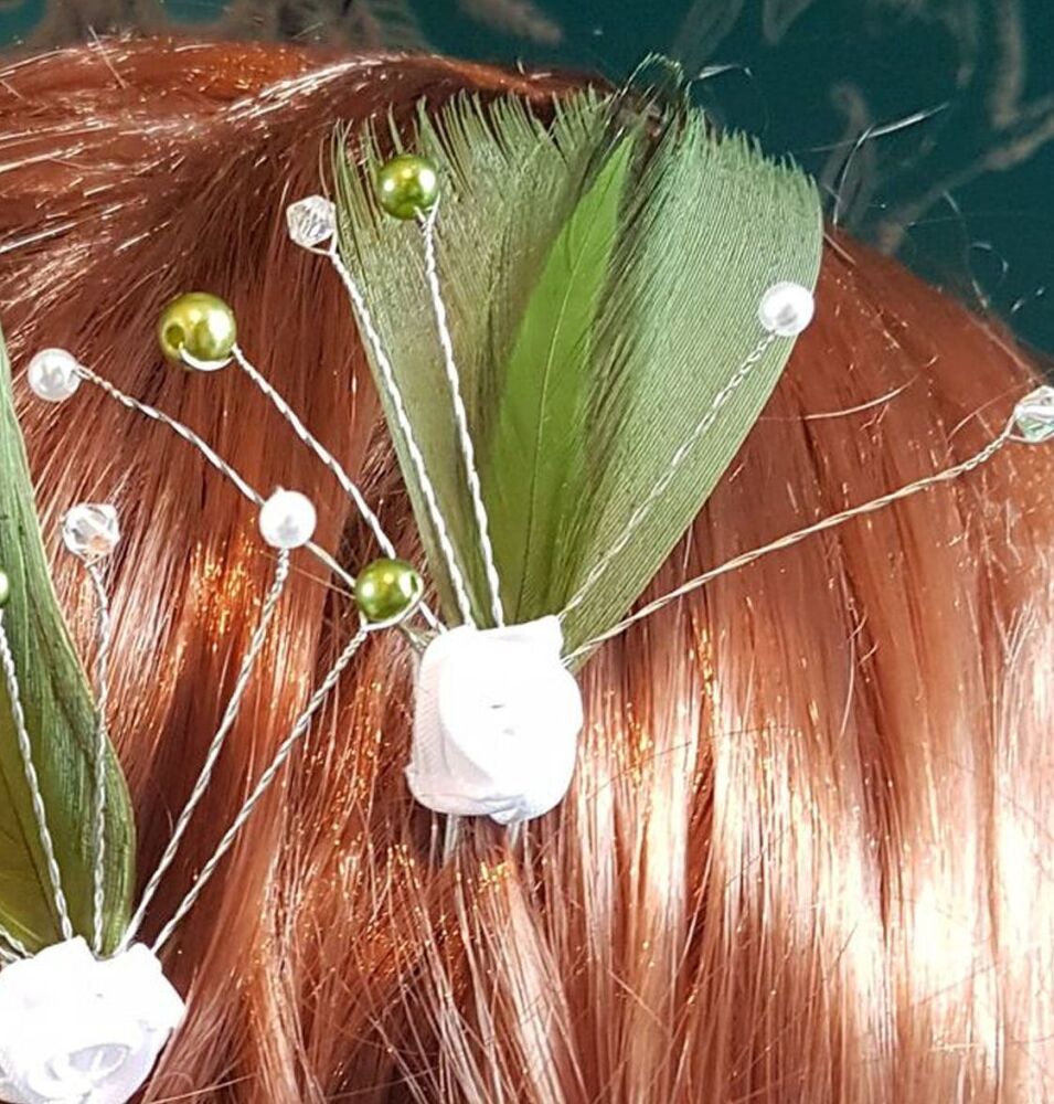 Olive Moss Green Feather Hair Grip with White Ribbon Rose and Bead Detail