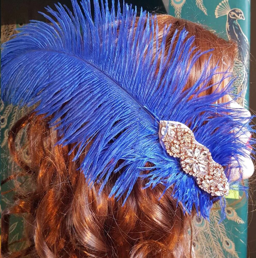 Royal Blue Ostrich Feather Hair Piece, Clip Style with Diamante Crystal Applique