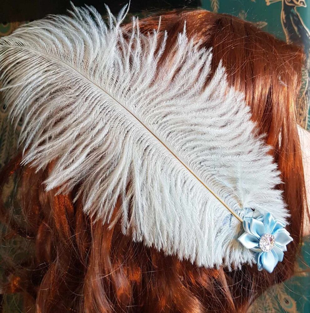 Pale Blue Ostrich Feather Hair Piece, Clip Style