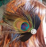 Black Feather Hair Clip with Peacock Feather