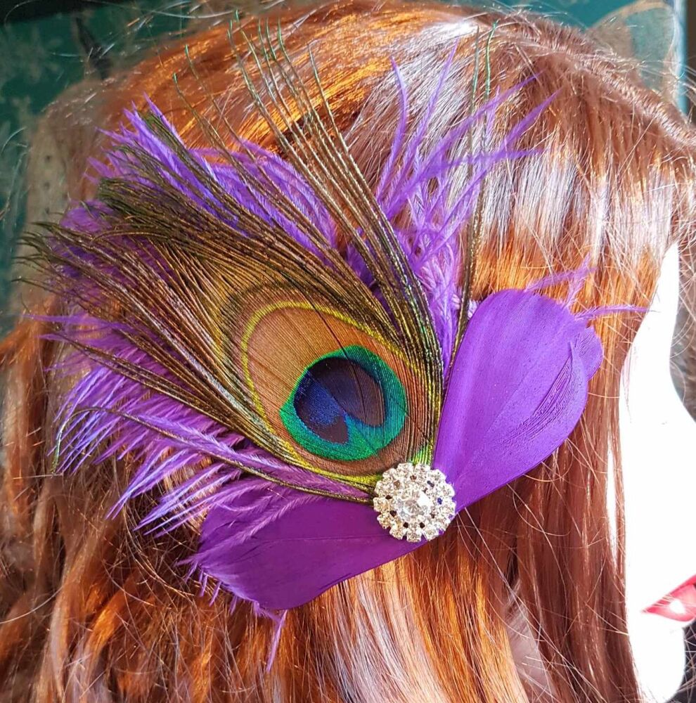 Regal Purple Feather Hair Clip with Peacock Feather