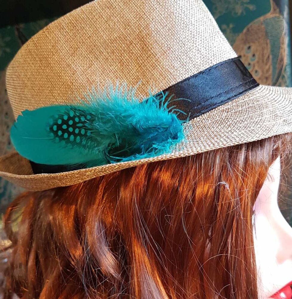 Teal and Black Hat Feather Brooch
