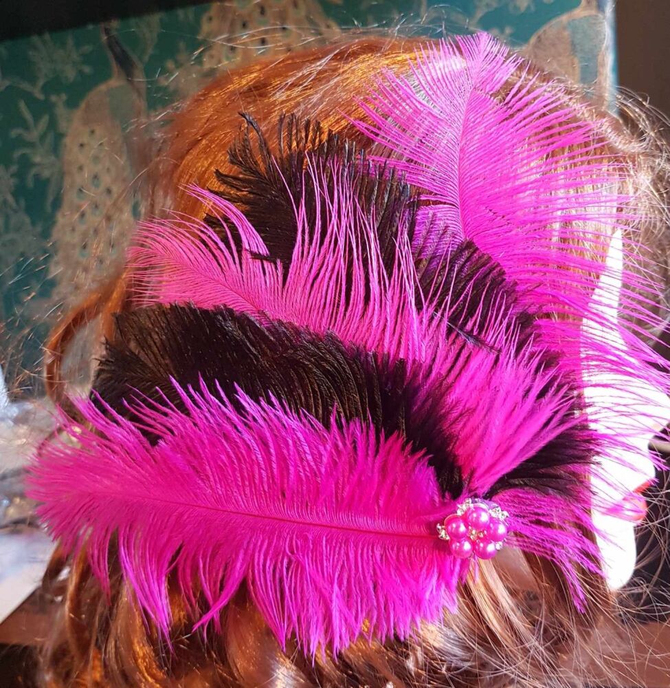 Shocking Pink and Black Ostrich Feather Headpiece Flapper Clip