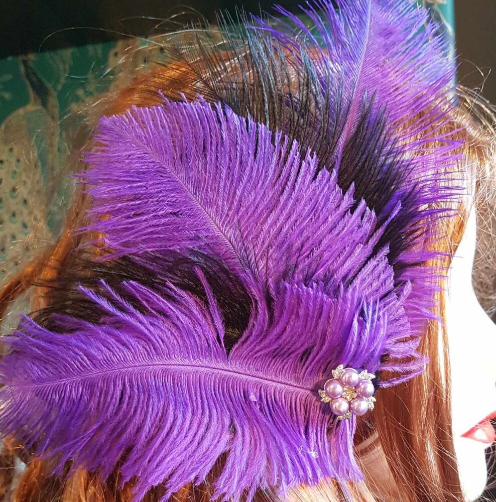Regal Purple and Black Ostrich Feather Headpiece Flapper Clip