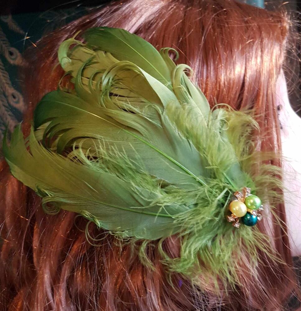 Olive Green Feather Headpiece Hair Piece Vintage Flapper 1920s