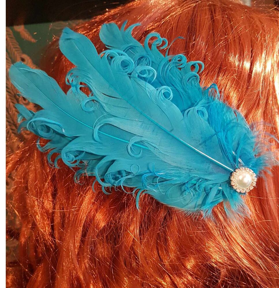 Aqua Blue Feather Headpiece Hair Piece Vintage Flapper 1920s