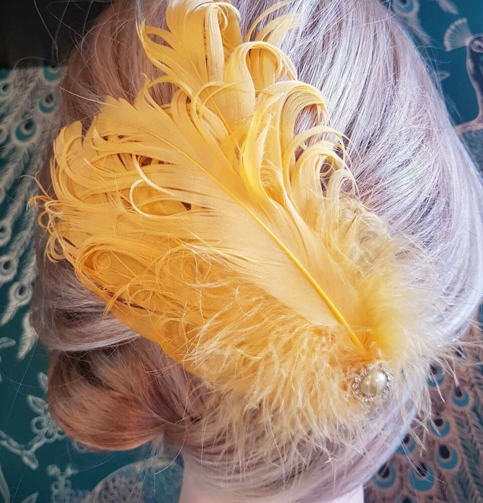 Golden Yellow Feather Headpiece Hair Piece Vintage Flapper 1920s