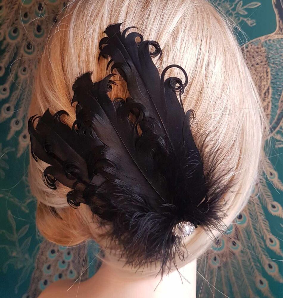 Black Feather Headpiece Hair Piece Vintage Flapper 1920s