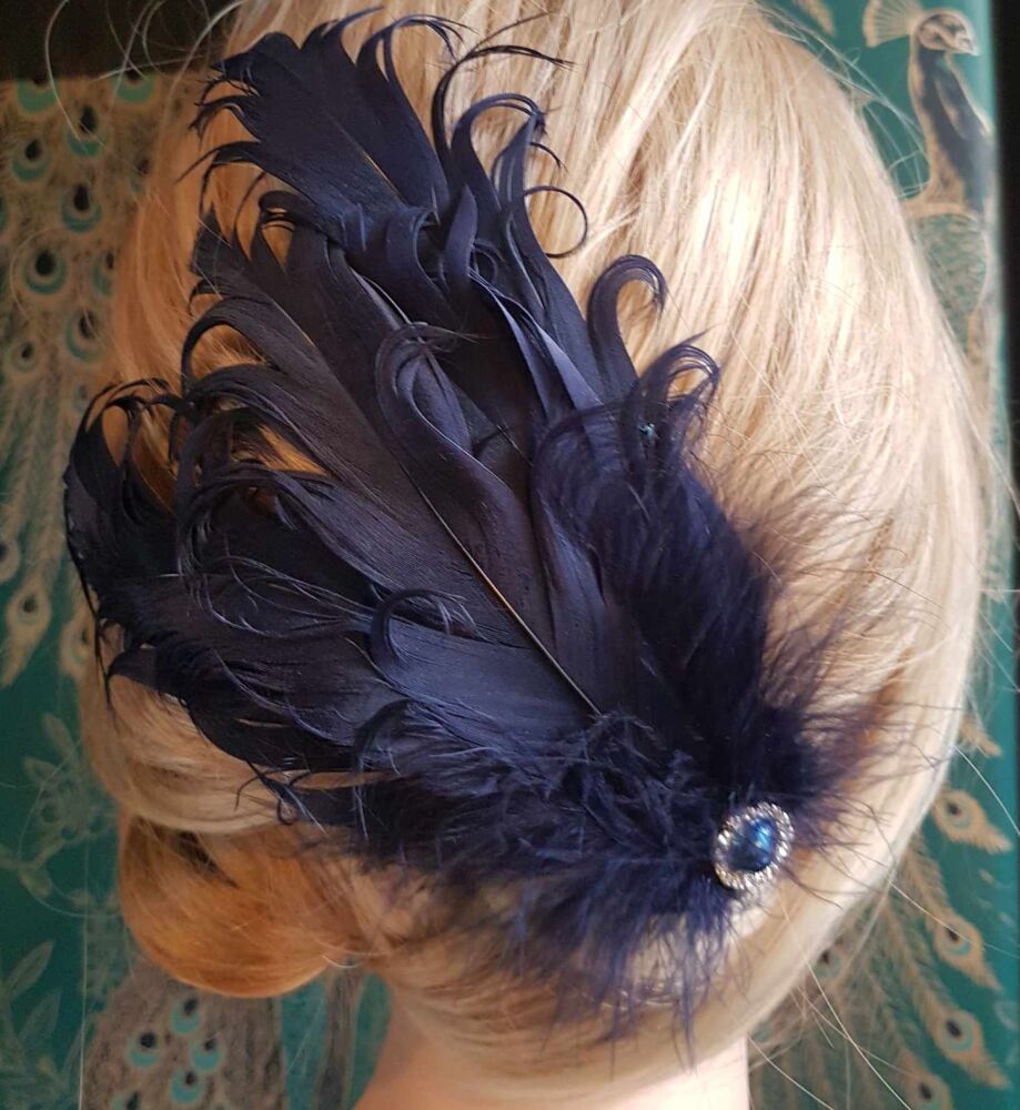 Navy Blue Feather Headpiece Hair Piece Vintage Flapper 1920s