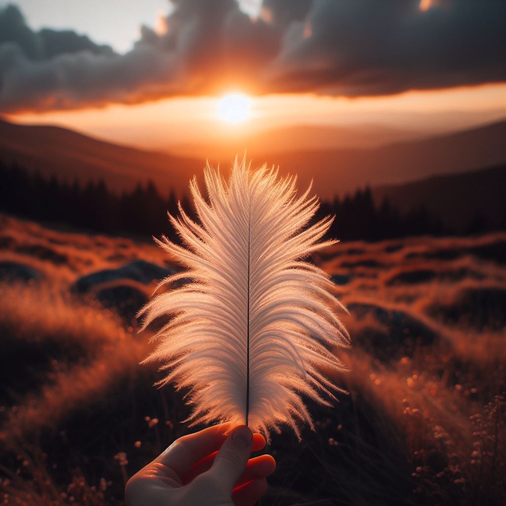 a long white ostrich feather with a natural sunset in the backgroud.jpg