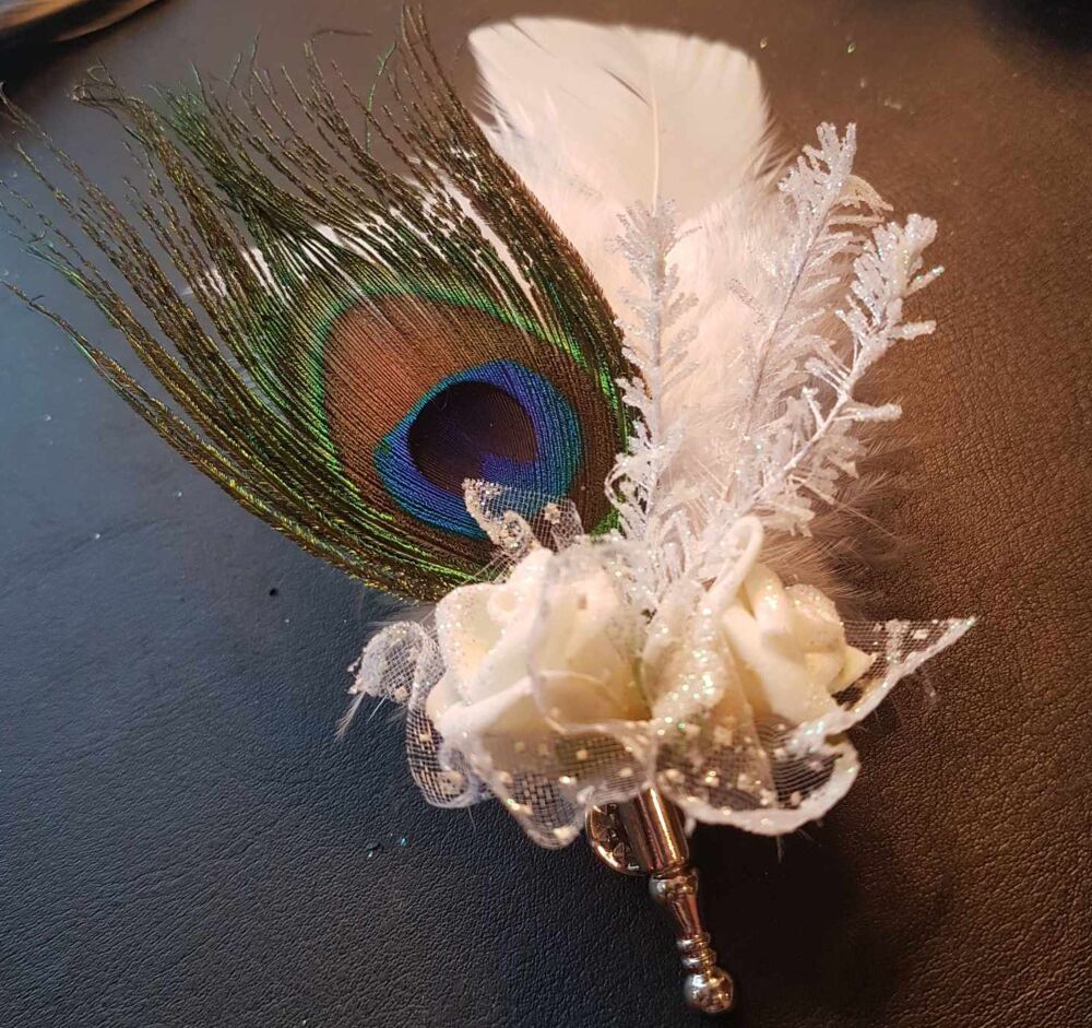 White and Peacock Feather and Flower Buttonhole