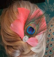 Coral, Hot Orange Feather and Peacock Eye Feather Hair Clip