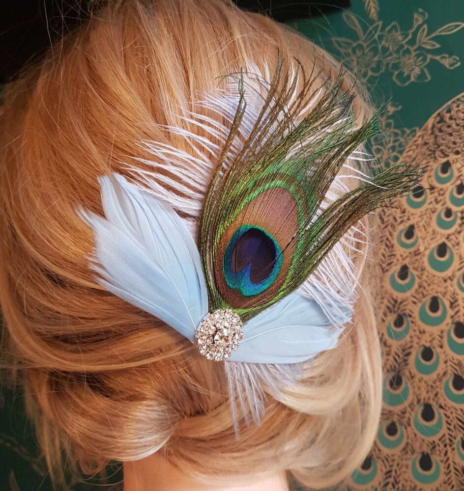 Baby Blue Feather Hair Clip with Peacock Feather