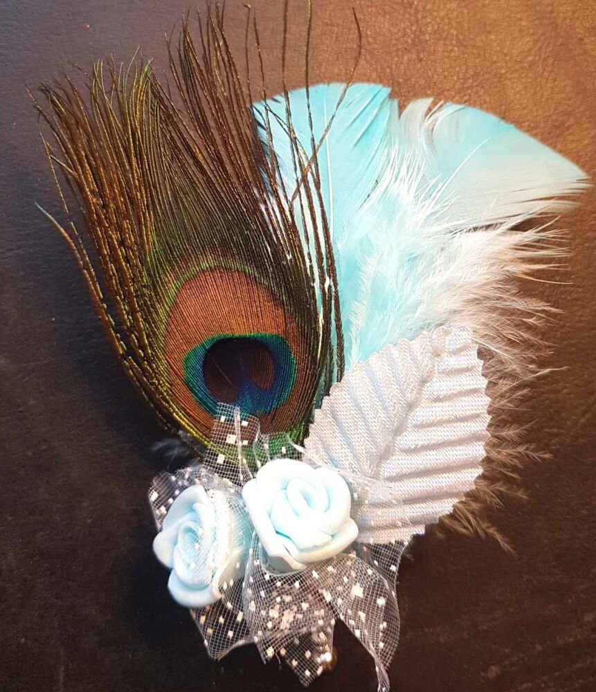 Feather Boutonnière Buttonhole - Peacock and Pale Blue Feathers