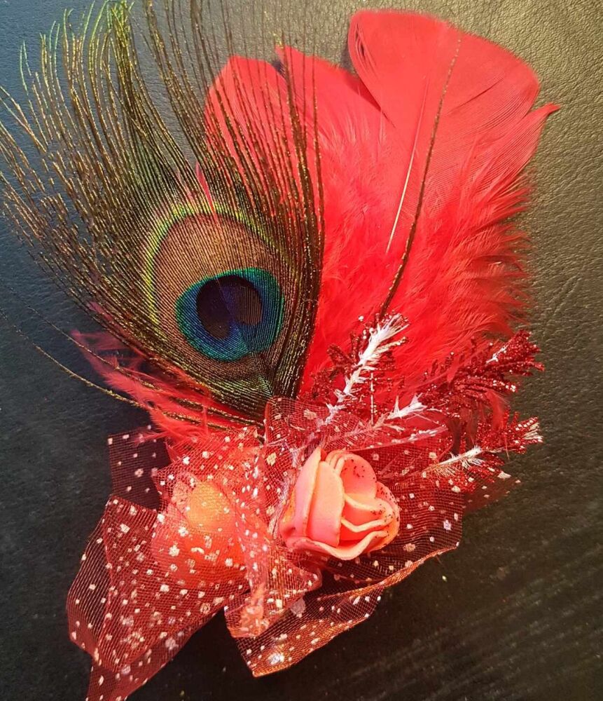 Feather Boutonnière Buttonhole - Peacock and Red Feathers