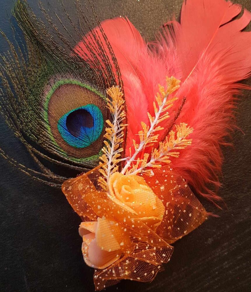 Feather Boutonnière Buttonhole - Peacock and Hot Orange Feathers